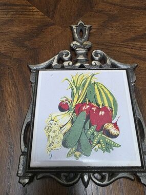 Vintage Vegetable Cast Iron Ceramic Tile Trivet W/ Ornate Metal Frame MCM Retro
